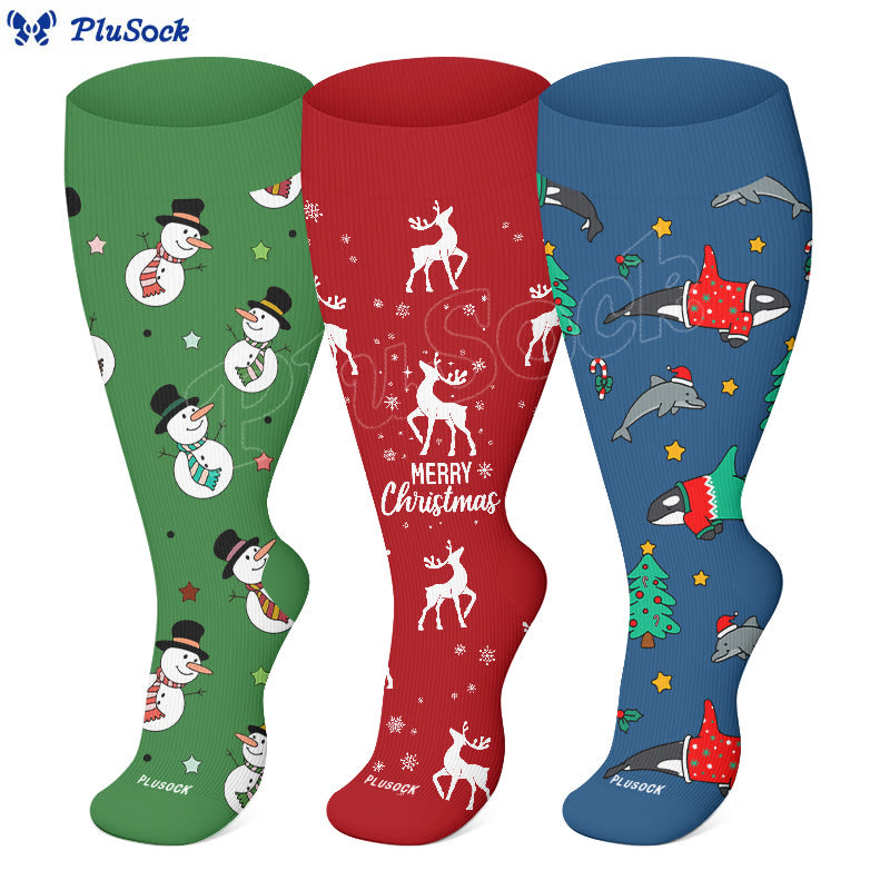 Chaussettes de compression grande taille motif bonhomme de neige, baleine et élan (3 paires) - image 0