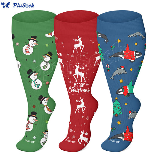 Chaussettes de compression grande taille motif bonhomme de neige, baleine et élan (3 paires) - image 0