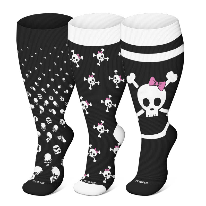 Chaussettes de compression grande taille à imprimé tête de mort pour Halloween (3 paires) - image 0