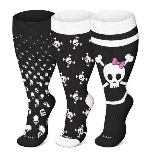 Chaussettes de compression grande taille à imprimé tête de mort pour Halloween (3 paires) - image 0