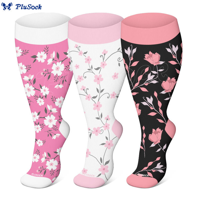 Chaussettes de compression grandes tailles à fleurs roses (3 paires) - image 0