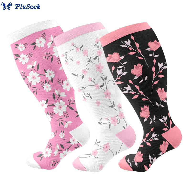 Chaussettes de compression grandes tailles à fleurs roses (3 paires) - Multicolore - 4XL - image 1