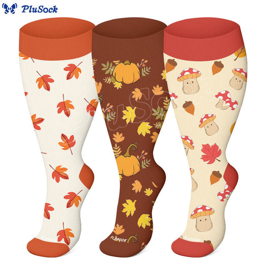 Chaussettes de compression grandes tailles à motif de feuilles d'érable et de champignons (3 paires) - image 0