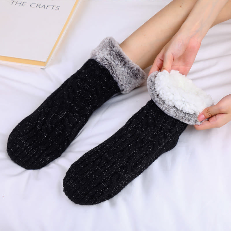 Chaussettes-chaussons grandes tailles avec revers en polaire - Noir - EU39-42(US6-8.5) - image 1