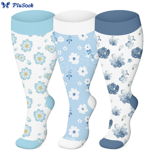 Chaussettes de compression Plusock Grande Taille Fleur à l'encre bleue (3 paires) - image 0