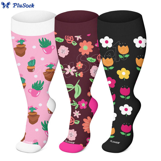 Chaussettes de compression Plusock Grande Taille à fleurs de cactus (3 paires) - image 0