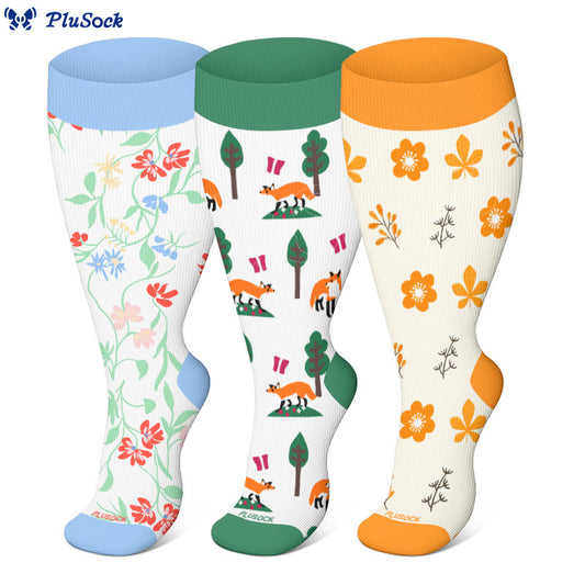 Chaussettes de compression Plusock Grande Taille Renard Fleur Arbre (3 paires) - image 0