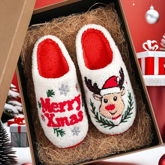 Pantoufles Plusock Grande Taille Joyeux Noël avec motif cerf - Blanc - EU44-45(US10-11) - image 0