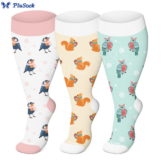 Chaussettes de compression grandes tailles motif hibou, écureuil et oiseau (3 paires) - image 0