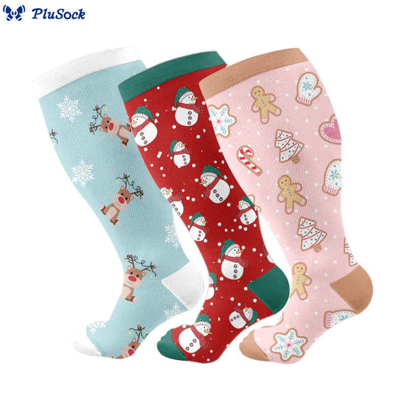 Chaussettes de compression Grande Taille Bonhomme de neige, Élan, Bonhomme en pain d'épice - image 1