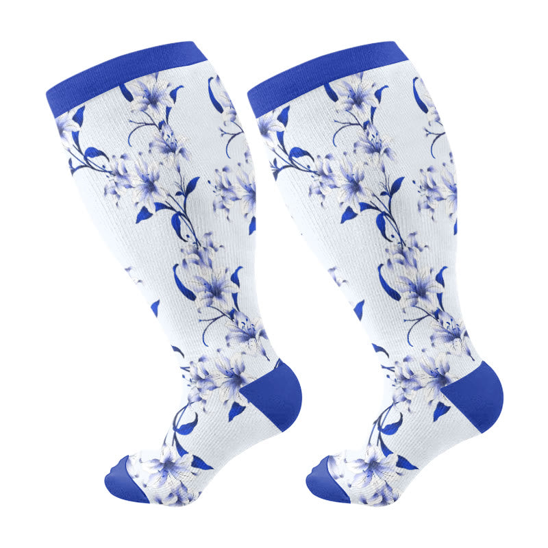 Chaussettes de compression Plusock Grande Taille à fleurs harmonieuses - Bleu - 4XL - image 5