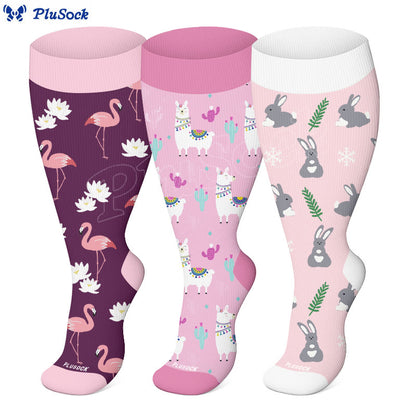 Chaussettes de compression grandes tailles à motifs alpaga, flamants roses et lapins (3 paires) - image 0