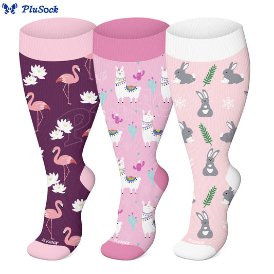Chaussettes de compression grandes tailles à motifs alpaga, flamants roses et lapins (3 paires) - image 0