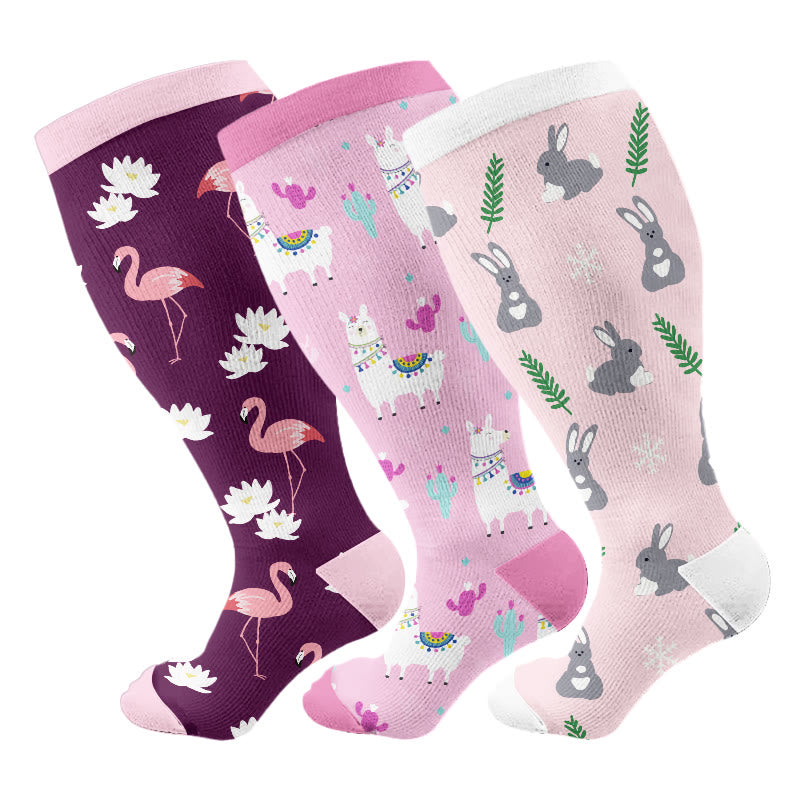 Chaussettes de compression grandes tailles à motifs alpaga, flamants roses et lapins (3 paires) - Multicolore - 4XL - image 1