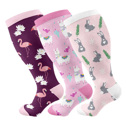 Chaussettes de compression grandes tailles à motifs alpaga, flamants roses et lapins (3 paires) - Multicolore - 4XL - image 1