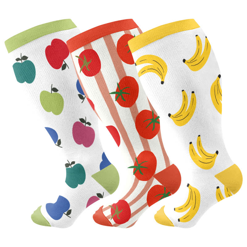 Chaussettes de compression grandes tailles à motifs pommes, bananes et tomates (3 paires) - Multicolore - 4XL - image 1