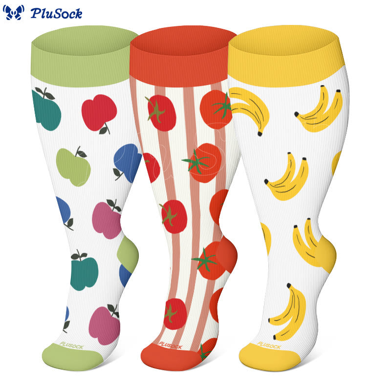Chaussettes de compression grandes tailles à motifs pommes, bananes et tomates (3 paires) - image 0