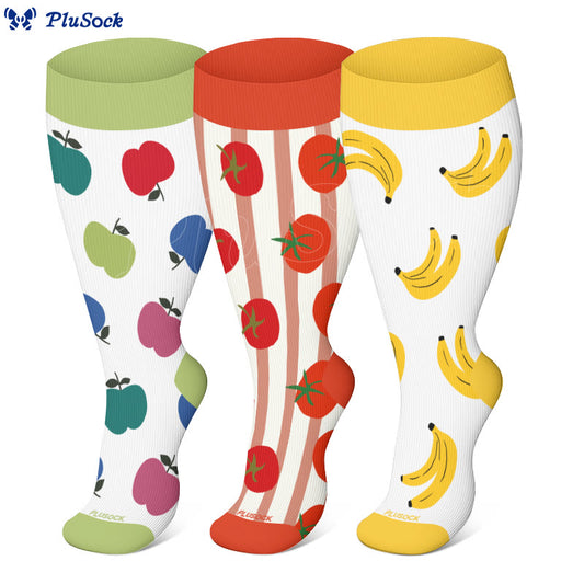 Chaussettes de compression grandes tailles à motifs pommes, bananes et tomates (3 paires) - image 0