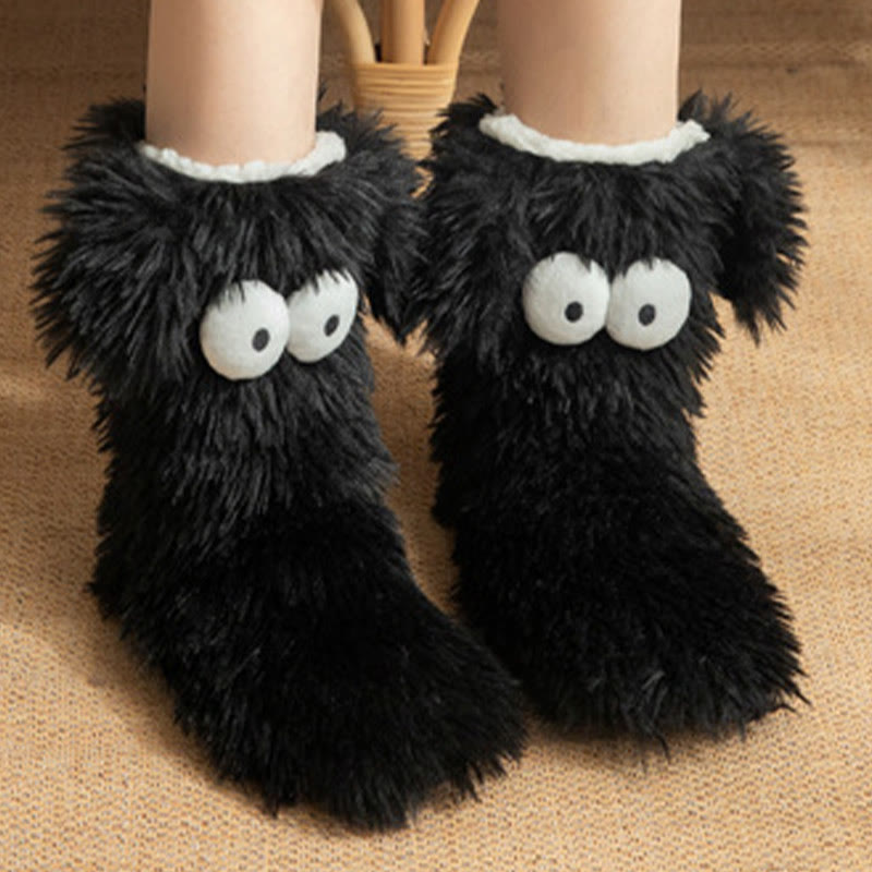 Chaussettes-chaussons d'intérieur grandes tailles à motif monstre duveteux - Noir - EU36-42(US3-8.5) - image 1