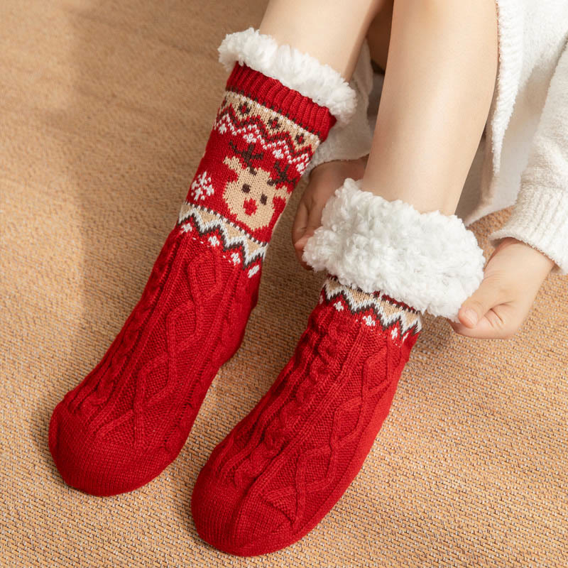 Chaussettes-chaussons de Noël grandes tailles avec rennes et Père Noël - Rouge - EU36-42(US3-8.5) - image 1