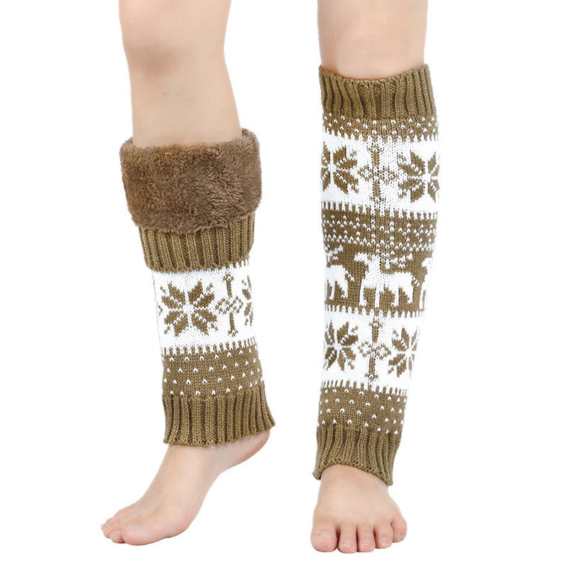 Guêtres en fourrure tricotée à motif de flocons de neige et de cerf - Kaki - One Size - image 9