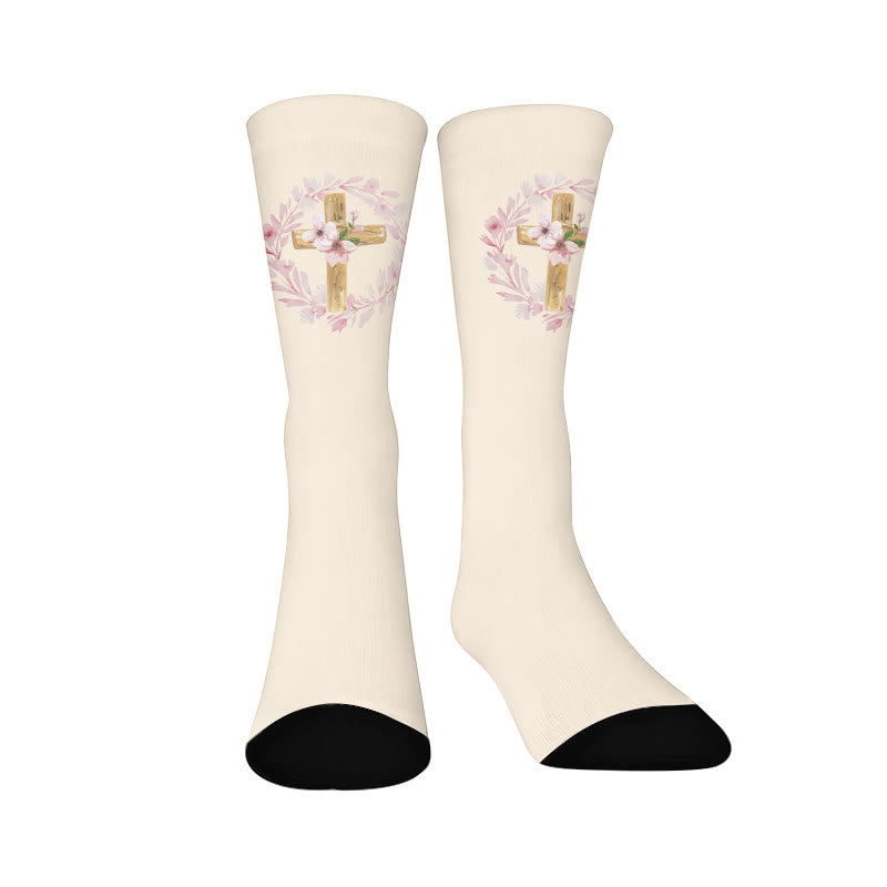 Chaussettes courtes à motif floral et croix - Beige (1 paire) - EU37-44(US4-10) - image 8