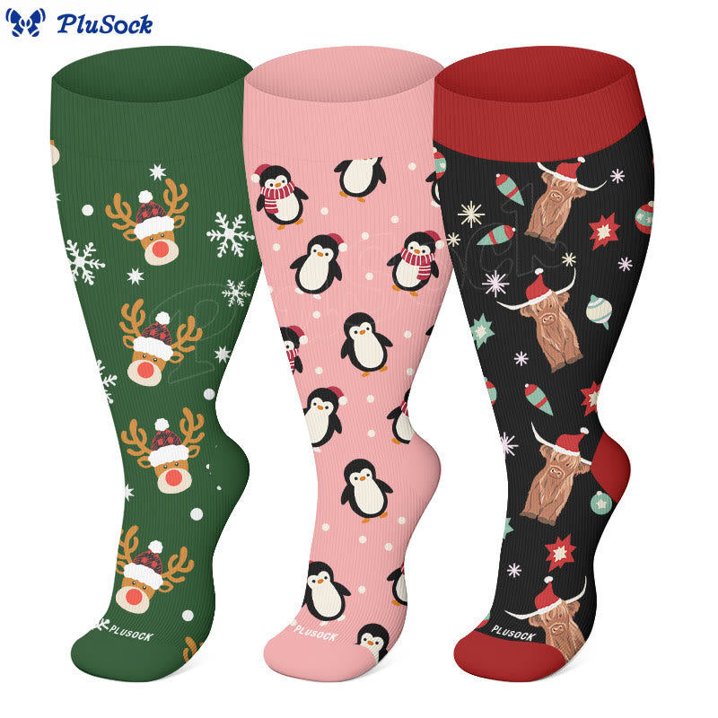 Chaussettes de compression grande taille motif pingouin, cerf et vache (3 paires) - image 0