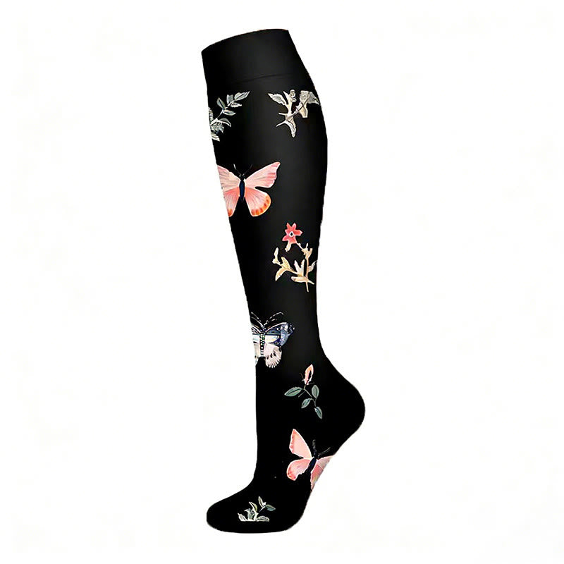 Chaussettes de compression à motif papillon et fleurs (6 paires) - Noir - S/M - image 1