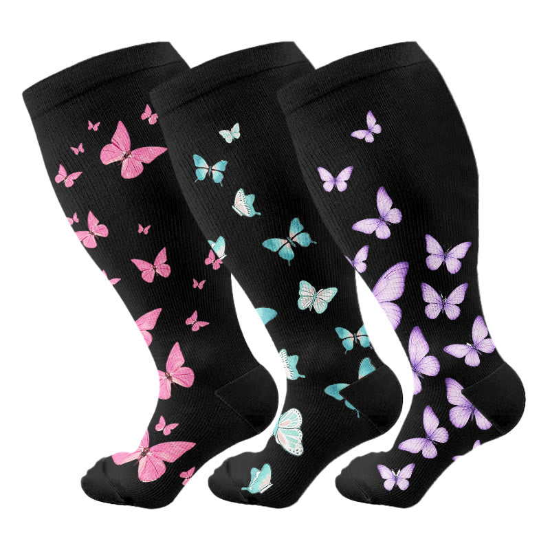 Chaussettes de compression à imprimé papillon grande taille (3 paires) - Multicolore - 4XL - image 1