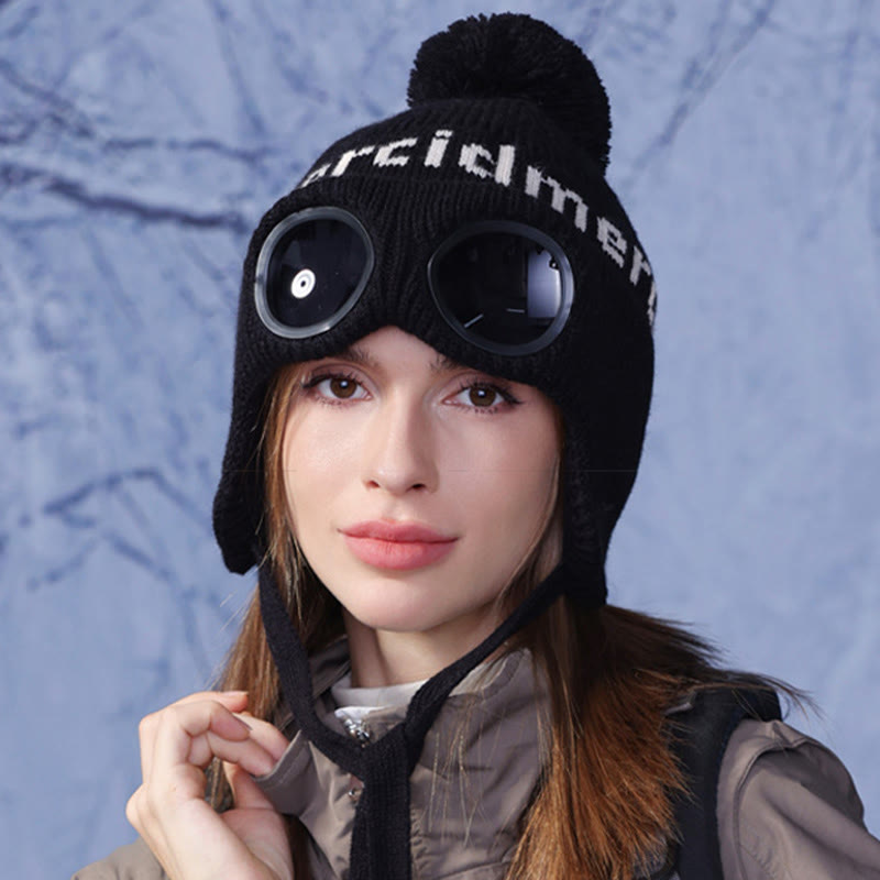 Bonnet chaud coupe-vent avec lunettes de protection - Noir - One Size - image 3