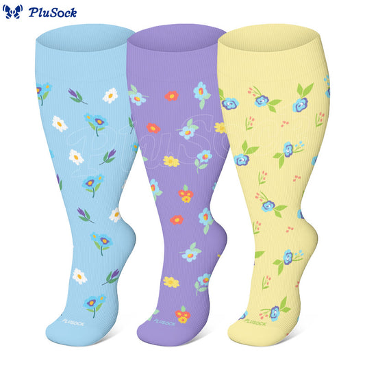 Chaussettes de compression à fleurs pastel grandes tailles (3 paires) - image 0