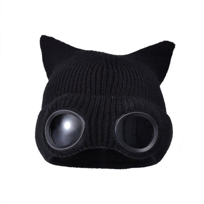 Bonnet tricoté à oreilles de chat avec lunettes - Noir - One Size - image 15
