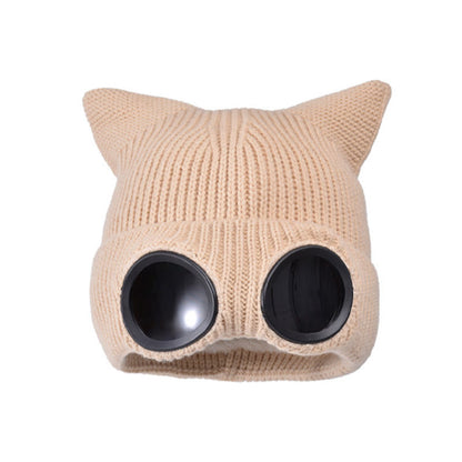 Bonnet tricoté à oreilles de chat avec lunettes - Abricot - One Size - image 17