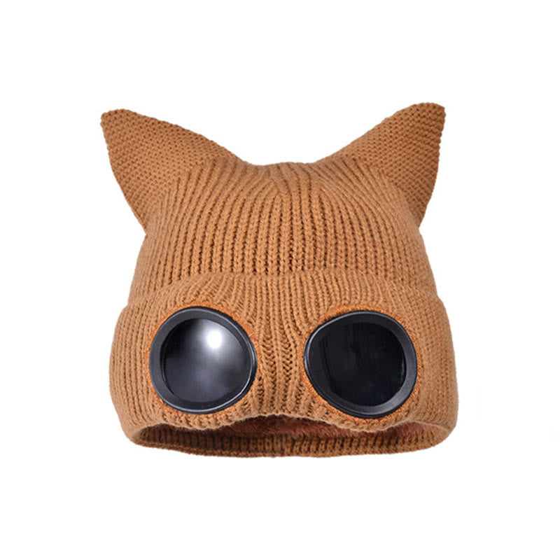Bonnet tricoté à oreilles de chat avec lunettes - Café - One Size - image 18