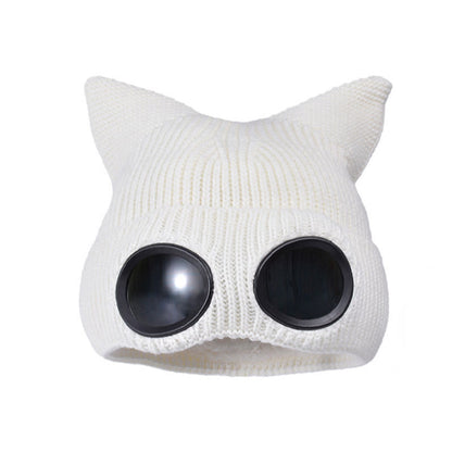 Bonnet tricoté à oreilles de chat avec lunettes - Blanc - One Size - image 19