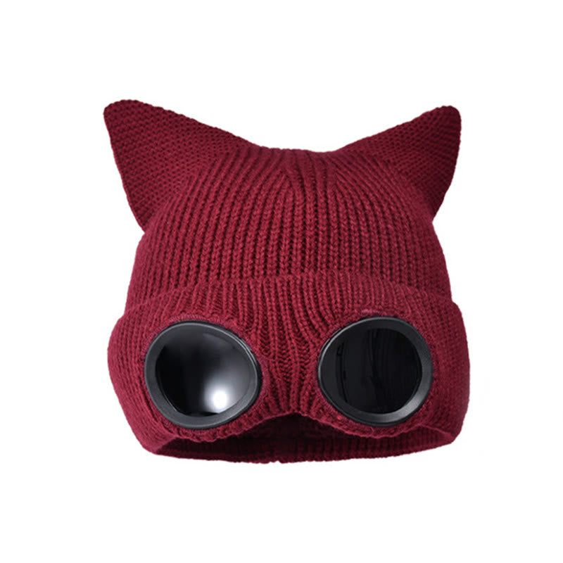 Bonnet tricoté à oreilles de chat avec lunettes - Vin - One Size - image 13