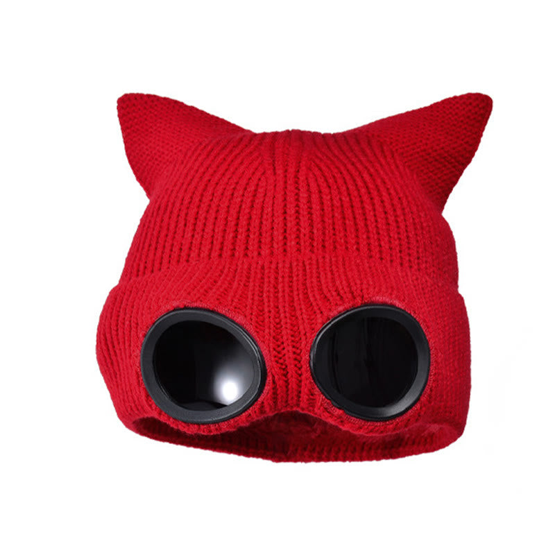 Bonnet tricoté à oreilles de chat avec lunettes - Rouge - One Size - image 14