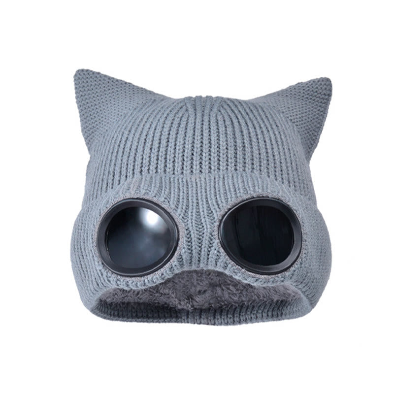 Bonnet tricoté à oreilles de chat avec lunettes - Gris - One Size - image 16