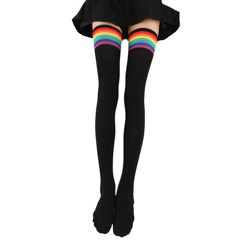 Chaussettes hautes à rayures arc-en-ciel (2 paires) - Noir - One Size - image 1