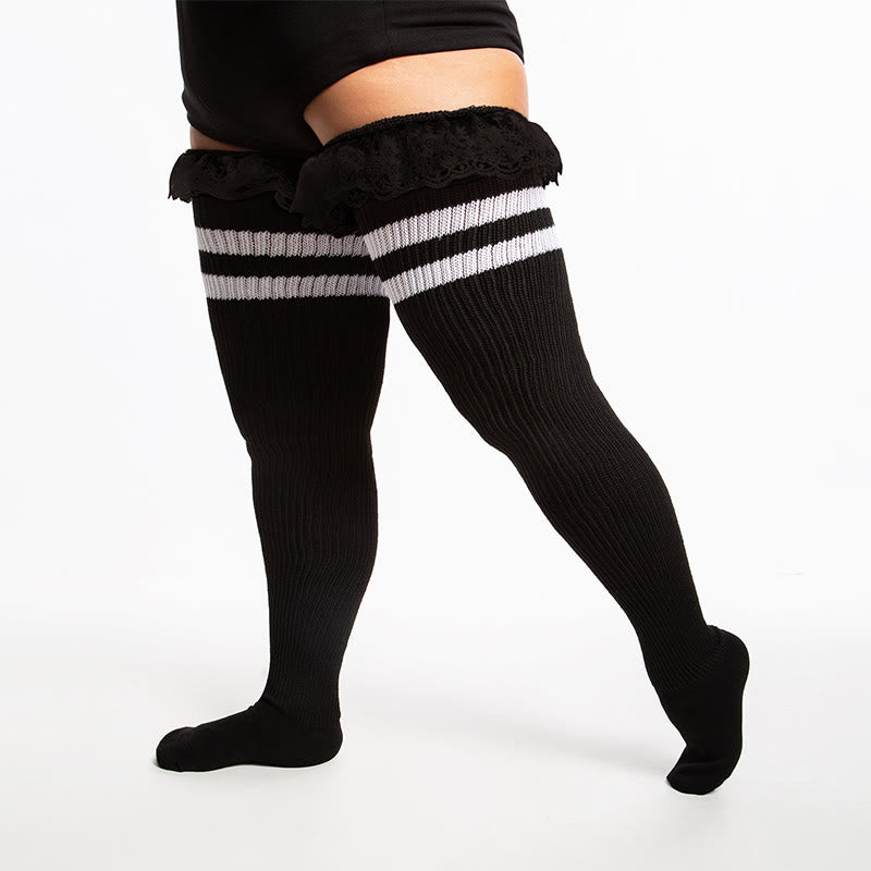 Chaussettes hautes à rayures en dentelle grande taille - Noir - One Size - image 4