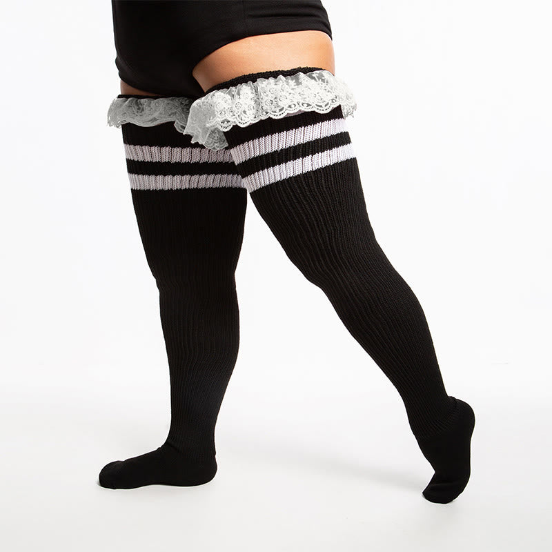 Chaussettes hautes à rayures en dentelle grande taille - Blanc - One Size - image 5