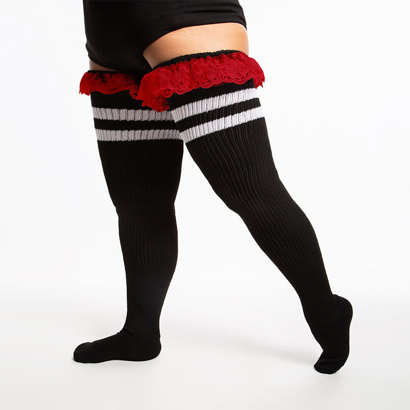 Chaussettes hautes à rayures en dentelle grande taille - Rouge - One Size - image 6