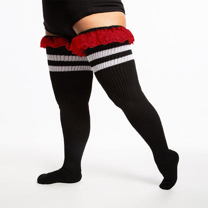 Chaussettes hautes à rayures en dentelle grande taille - Rouge - One Size - image 6