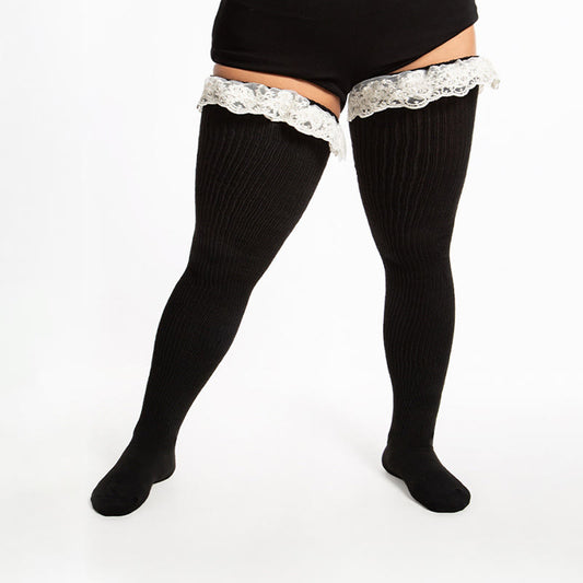 Chaussettes hautes en dentelle unie grande taille - Blanc - One Size - image 0