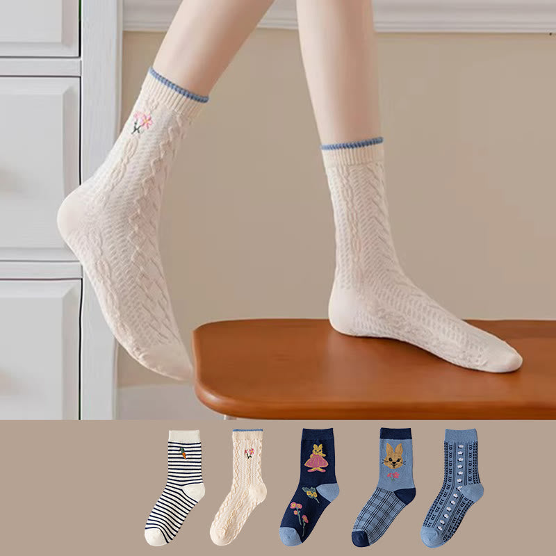 Chaussettes vintage brodées lapin (5 paires) - image 0