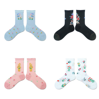 Chaussettes rétro à fleurs et animaux (2 paires) - image 0