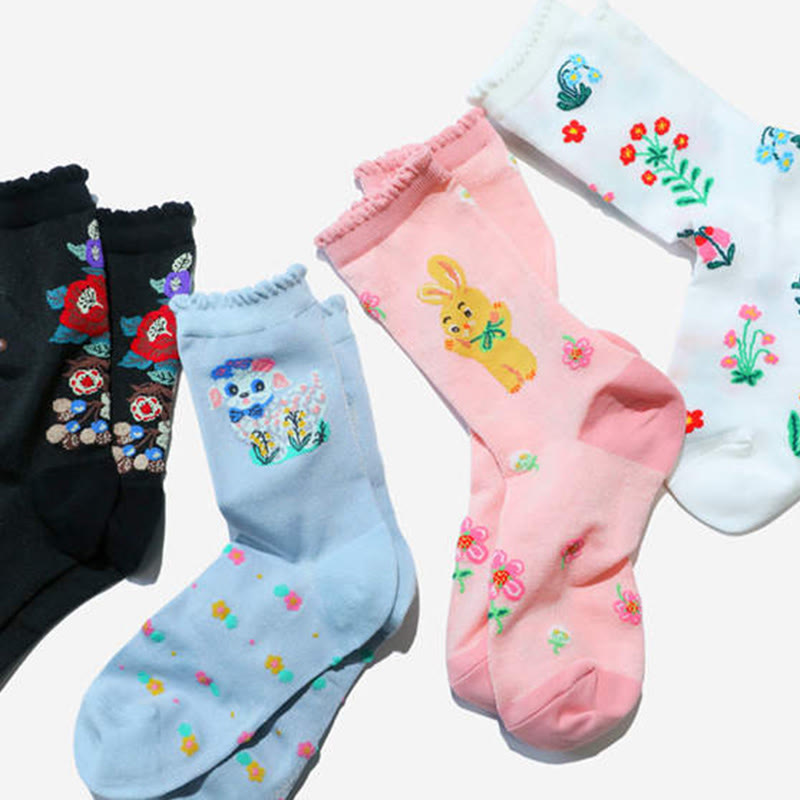 Chaussettes rétro à fleurs et animaux (2 paires) - image 2