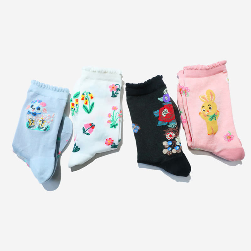 Chaussettes rétro à fleurs et animaux (2 paires) - image 1