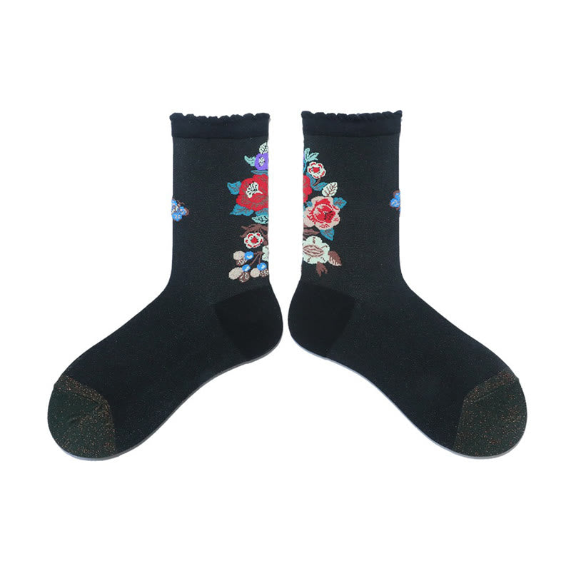 Chaussettes rétro à fleurs et animaux (2 paires) - Noir - EU36-40(US3-7) - image 5