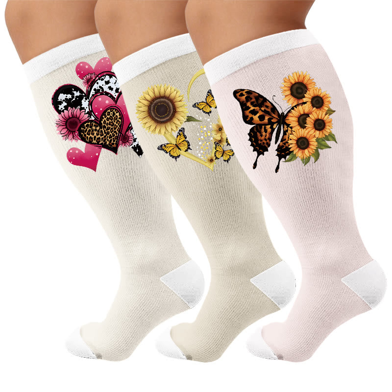 Chaussettes de compression grandes tailles à motif cœur et papillon - Multicolore (3 paires) - 4XL - image 1